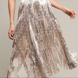 Anthropologie Maeve silver metallic pleated lined midi skirt (0) to small.